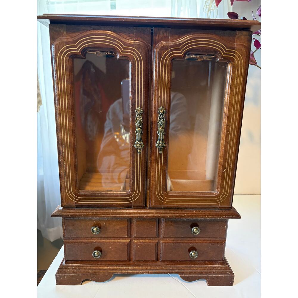 Vintage Jewelry Box Wood & Glass